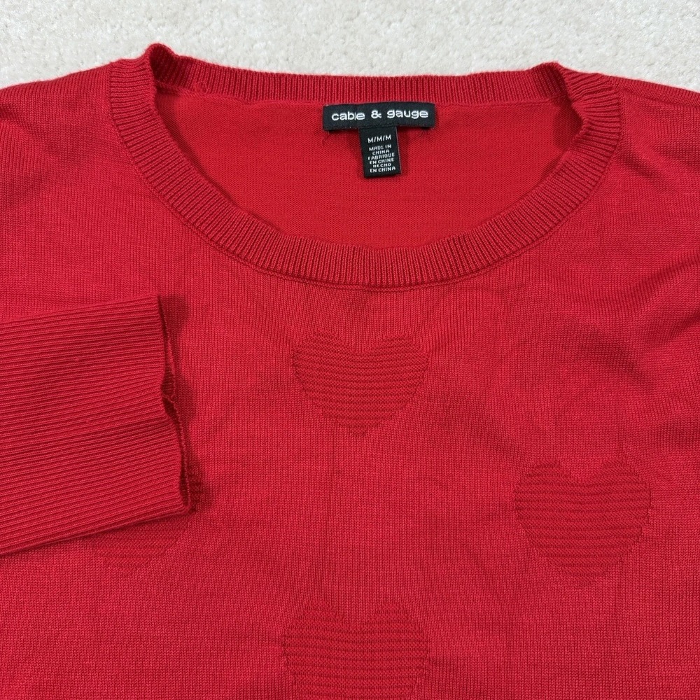 Cable & Gauge Heart Sweater Womens Medium Red Textured Pullover Long Sleeve